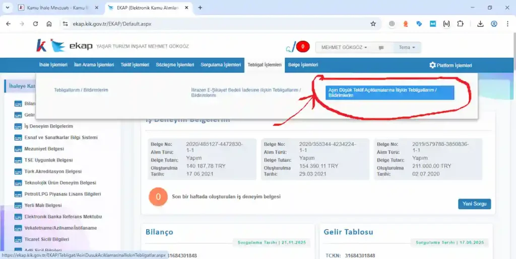 Aşırı düşük teklif tebligat-bildirim ekranı