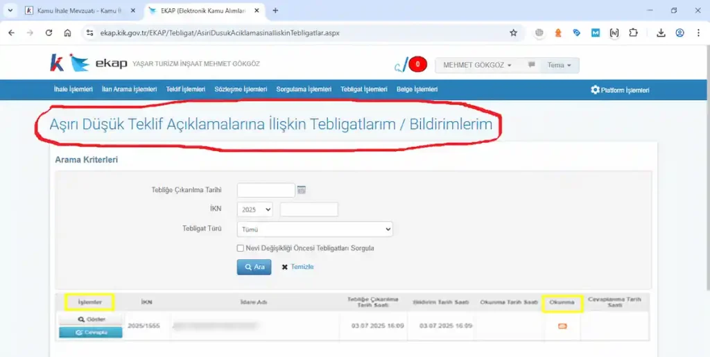 Aşırı düşük teklif tebligat-bildirim