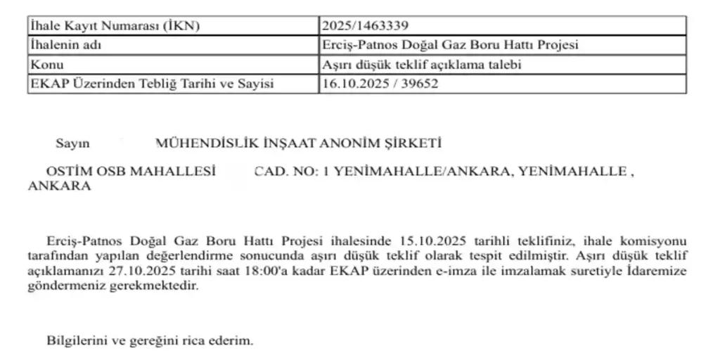 Ekap aşırı düşük teklif üst yazı ekran görüntüsü