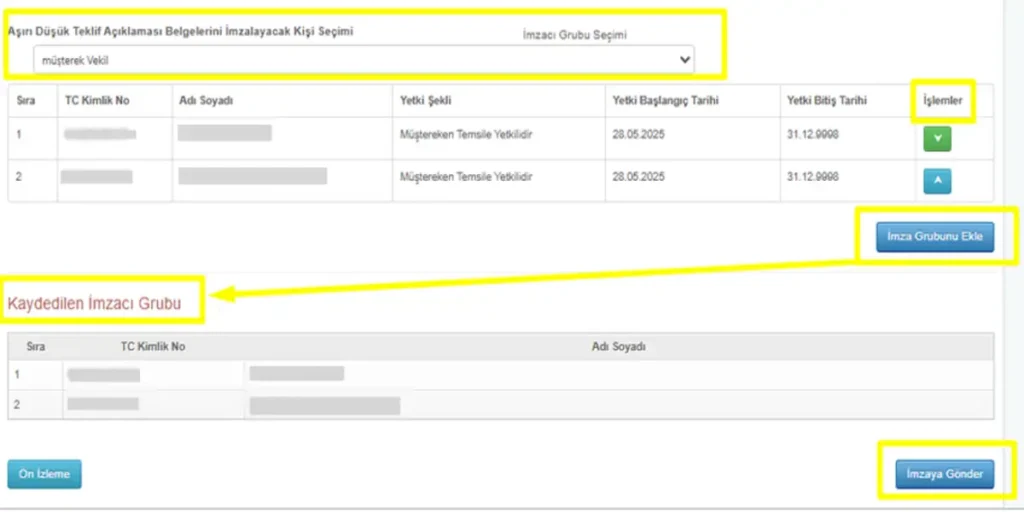 imzalayacak kişiyi seçme ekran görüntüsü